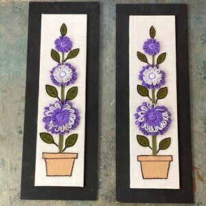 Vintage 70's Embroidery Wall Hanging Art Boho Cottagecore Pair Dimensional Yarn